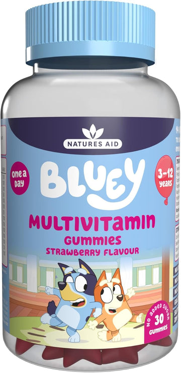 Bluey Kids Multivitamin Gummies - 14 Essential Vitamins & Minerals To Support Growing Bodies, Immunity & Tiredness - Strawberry, No Added Sugar, Vegan, Gluten Free - 30 Gummys For Children Ages 3-12