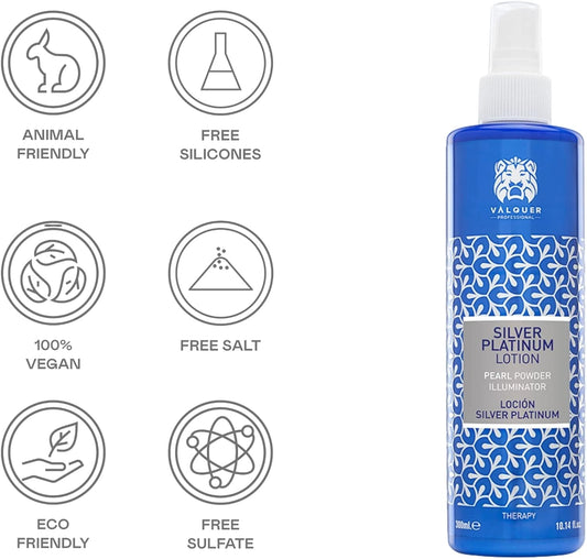 Valquer Silver Platinum Leave-In Hair Lotion For Blonde Or Bleached Hair. A Yellowish Or Orange Toner, It Provides Shine And A Conditioning Effect With Panthenol. 300 Ml
