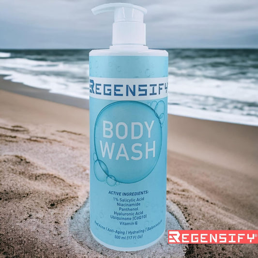 Regensify Red Acne Body Wash 500 Ml (17 Fl Oz) 1% Salicylic Acid, Niacinamide, Panthenol, Hyaluronic Acid, Coenzyme Q10 & Vitamin E - Anti Aging, Hydrating, Moisturising & Exfoliating Shower Gel