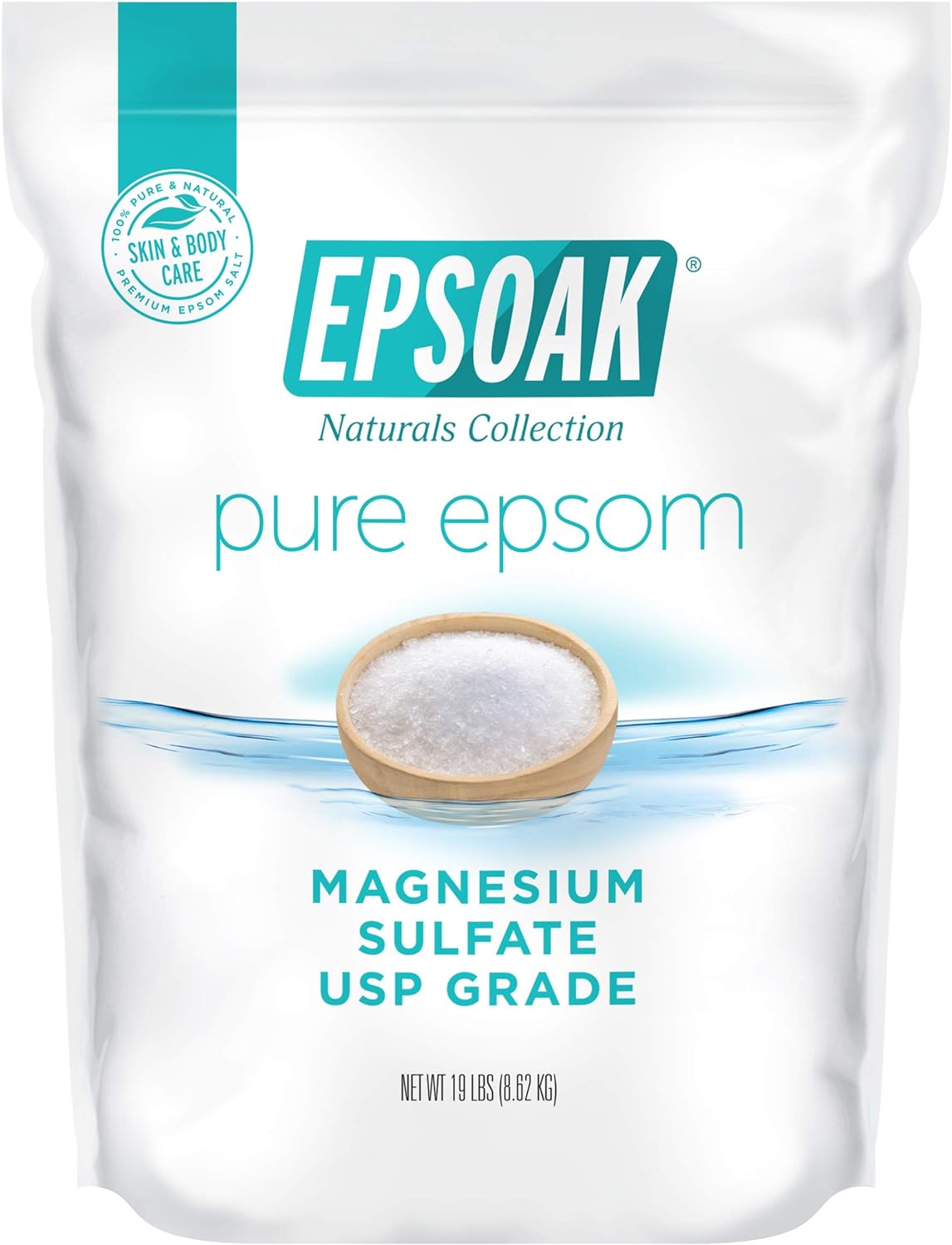 Epsoak Epsom Salt 19 Lb. Magnesium Sulfate Usp. (Qty. 1 X 19Lb. Bags) Resealable Epsom Salt Bulk Bags Unscented, Made In The Usa, Cruelty-Free Certified