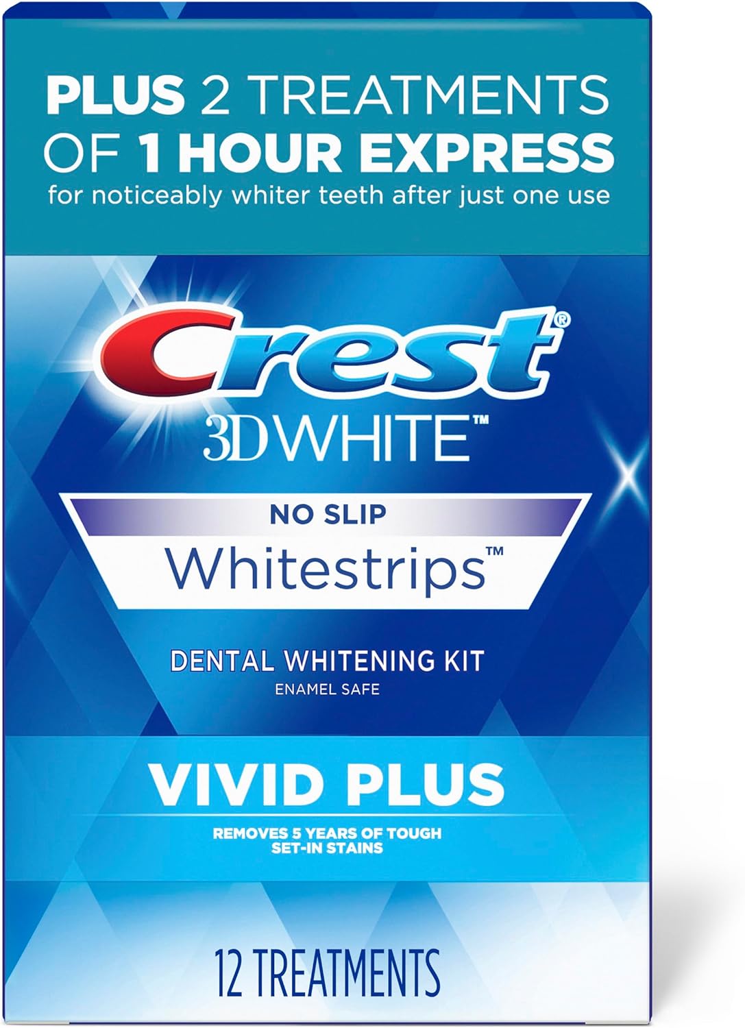 Crest 3DWhitestrips Vivid Plus 10 Treatments + 1 Hour Express 2 Treatments Teeth Whitening Kit, 8 Levels Whiter : Health & Household