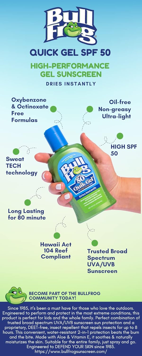 Bullfrog Quik Gel Sunscreen Spf 50 | Oxybenzone & Octinoxate Free | Broad Spectrum Moisturizing Uva/Uvb, 5Oz… : Beauty & Personal Care
