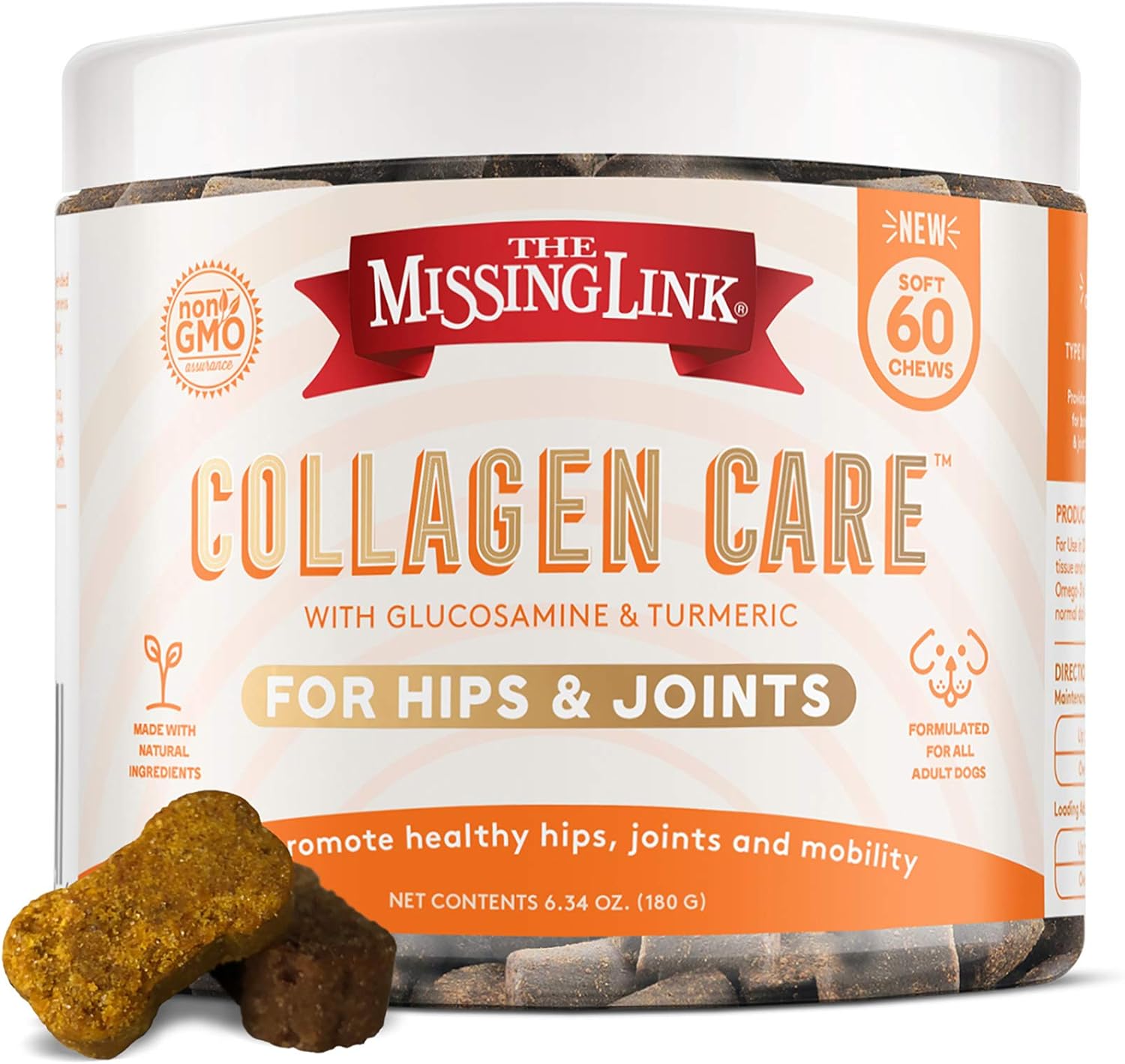 The Missing Link Collagen Care Hip & Joint Soft Chews 60ct - Daily Mobility & Anti-Inflammatory Support for Dogs