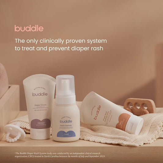 Buddle Diaper Rash System Essentials Kit - Includes Diaper Rash Rescue Paste, Bottom Buddy Diaper Cream, Clean Cheeks Foam Cleanser & Paddle Pal Diaper Cream Applicator - Baby Shower Gift Set