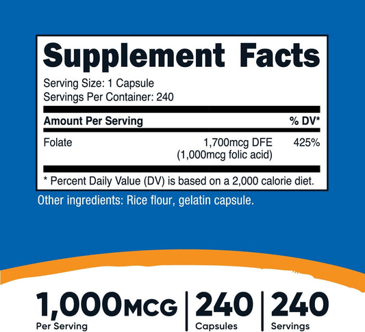 Nutricost Folic Acid (Vitamin B9) 1000 Mcg, 240 Capsules