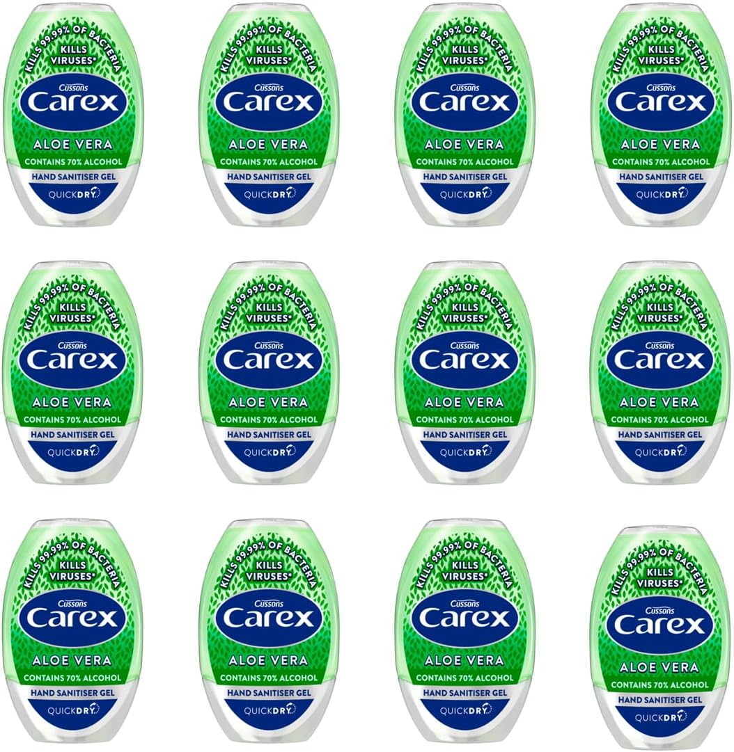 Carex Aloe Vera Antibacterial Hand Sanitiser Gel, Anti Viral Action, 70 Percent Alcohol, Cleans, Cares And Protects, Bulk Buy, Pack Of 12 X 50 Ml