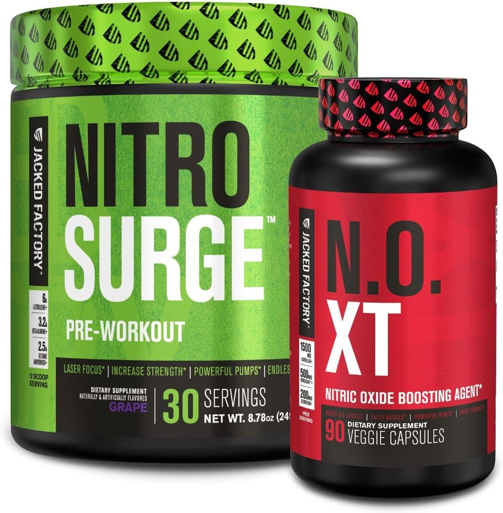 Jacked Factory Nitrosurge Pre-Workout In Grape & N.O. Xt Nitric Oxide Booster For Men & Women