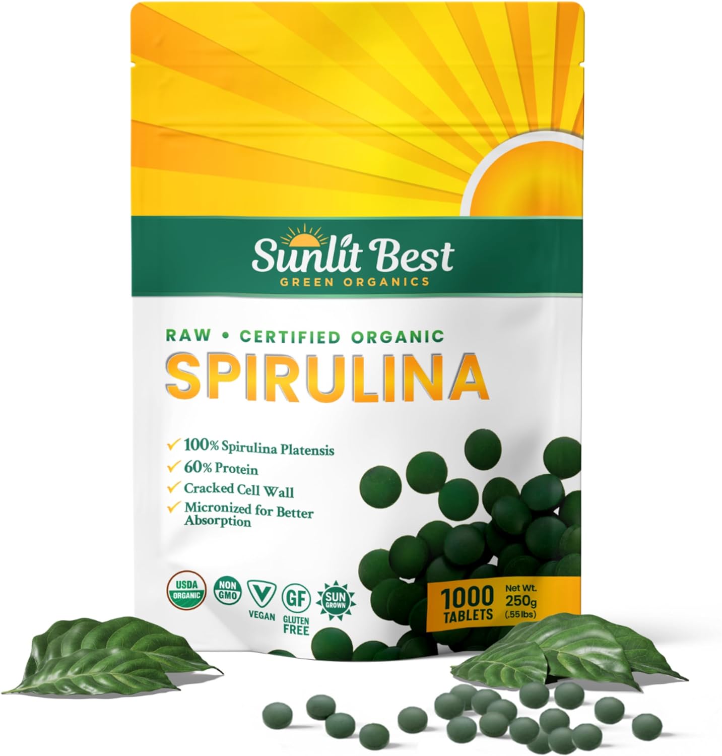 Sunlit Best - USDA Organic Spirulina Tablet - Natural Super Greens Supplements for Immune Support, Gut Health & Boost Energy Tablets with Chlorophyll, Vegan & High Protein Non GMO, 1000 Superfood Tabs