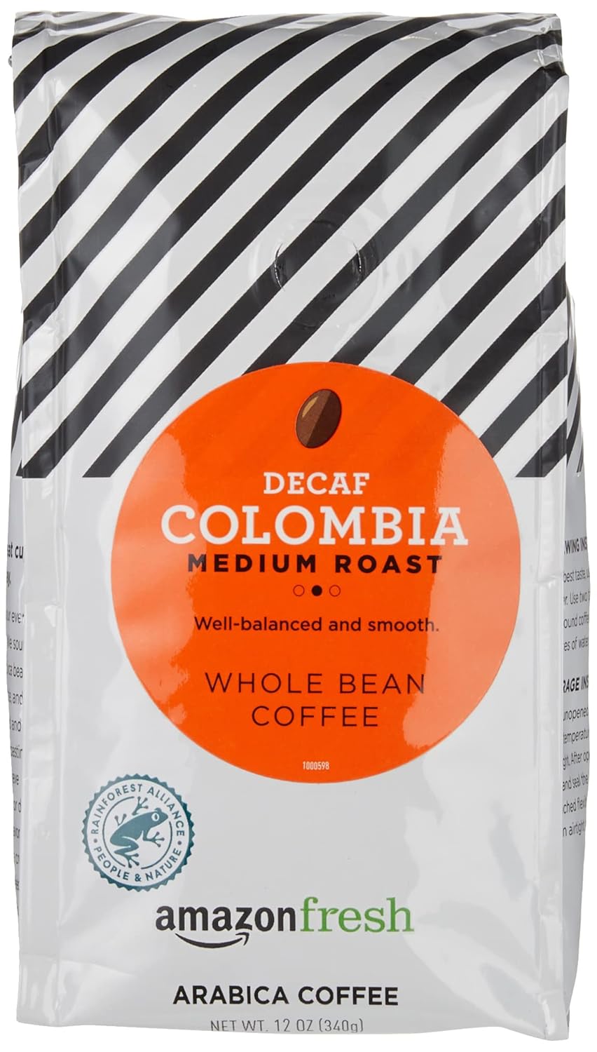 Amazon Fresh Decaf Colombia Whole Bean Coffee, Medium Roast, 12 Ounce (Pack Of 3)