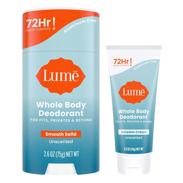 Lume Whole Body Deodorant - Invisible Cream Tube Mini + Solid Stick Bundle - 72 Hour Odor Control - Aluminum & Baking Soda Free, Skin Loving (Unscented)