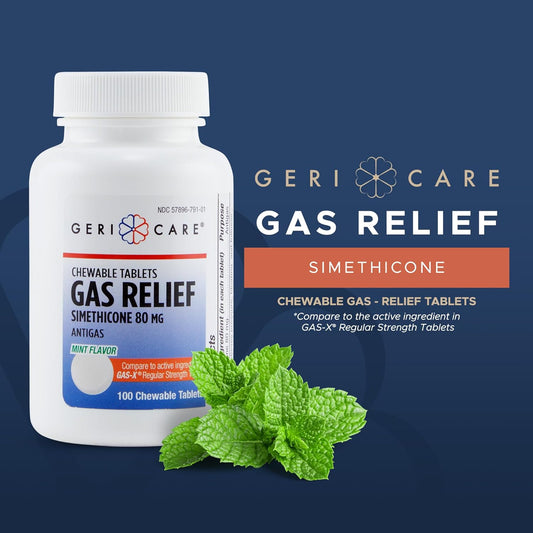 Gericare Simethicone Chewable Gas-Relief Tablets 80Mg | Fast Relief For Gas, Bloating And Discomfort | Mint-Flavored Anti-Gas Chewables | Oral Adult Gas Pain Relief | Anti-Flatulence Aid (100 Tablets)