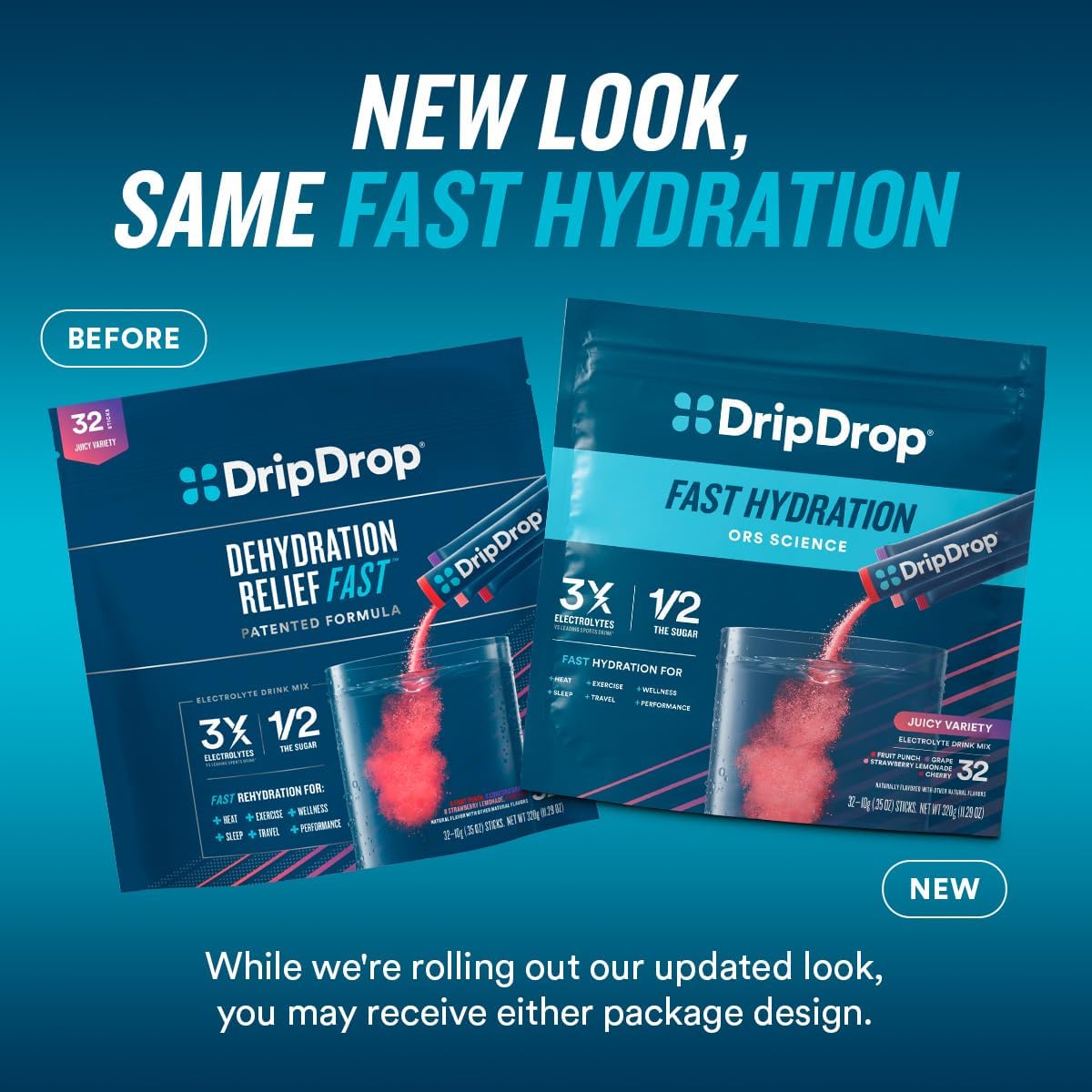 DripDrop Hydration Juicy Variety Pack - Electrolyte Drink Mix Single-Serve Powder Packets - Grape, Fruit Punch, Strawberry Lemonade, Cherry - 16 Servings : Health & Household