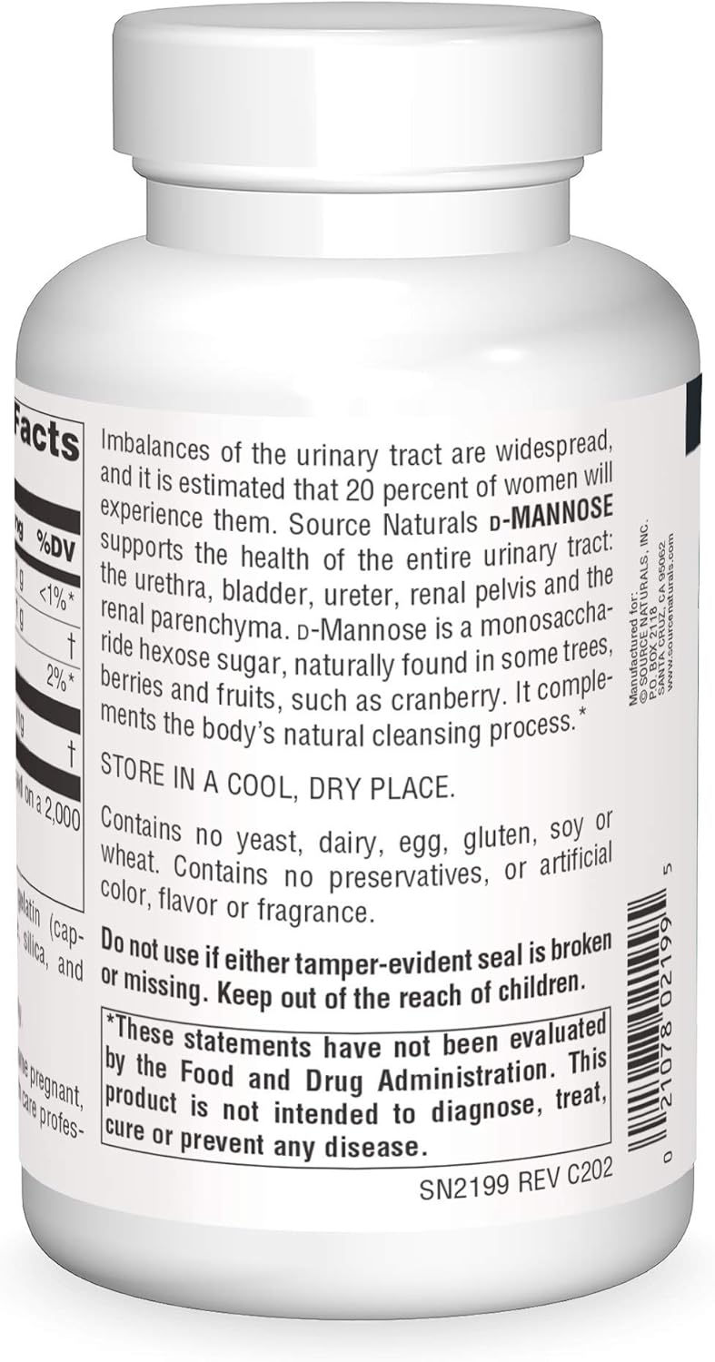 Source Naturals D-Mannose 500mg Potent Urinary Tract (UT) & Bladder Health Support - Fast-Acting, Cleansing, Detoxifying - Naturally ush Impurities - 120 Capsules