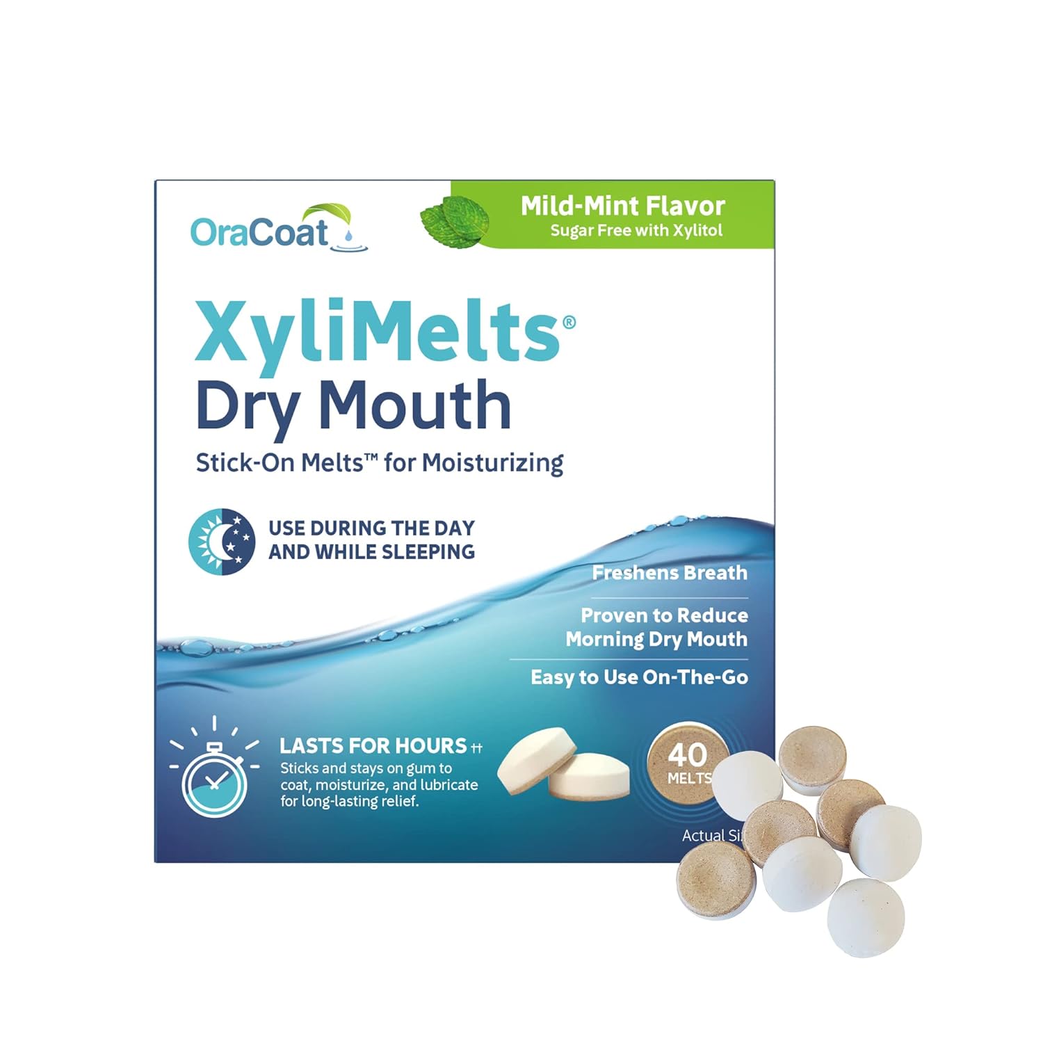 Oracoat Xylimelts Dry Mouth Relief Moisturizing Oral Adhering Discs 40 Count, Mild Mint With Xylitol, For Dry Mouth, Stimulates Saliva, Non-Acidic