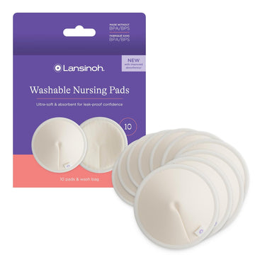 Lansinoh Washable Nursing Pads, Made With Organic Bamboo Viscose, Reusable Breast Pads For Breastfeeding With Wash Bag, Breastfeeding Essentials, 10 Count