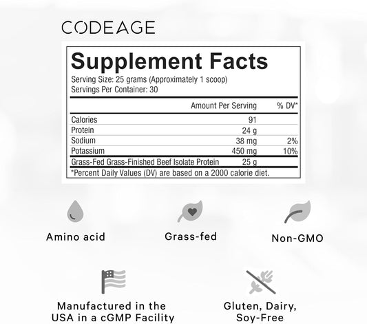 Codeage Grass-Fed Beef Isolate Protein Powder Supplement - 20 Amino Acids, Collagen-Rich - Athletes & Sports - Unflavored Carnivore Protein Supplement, Bcaa & Eaa Supplement - Gluten-Free - 26.45 Oz