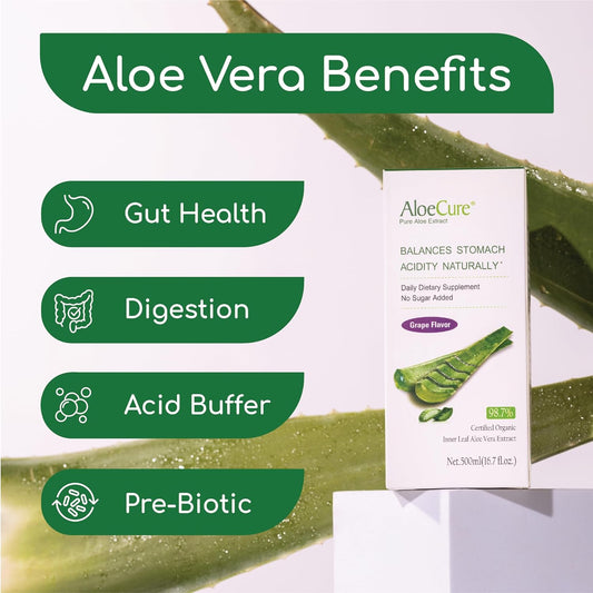 AloeCure USDA Organic Aloe Vera Juice Grape Flavor, Made Within 12 Hours of Harvest - Pure Aloe Juice For Natural Digestive & Immune Support, Naturally Supports Balanced Stomach Acidity, 16.7oz Bottle