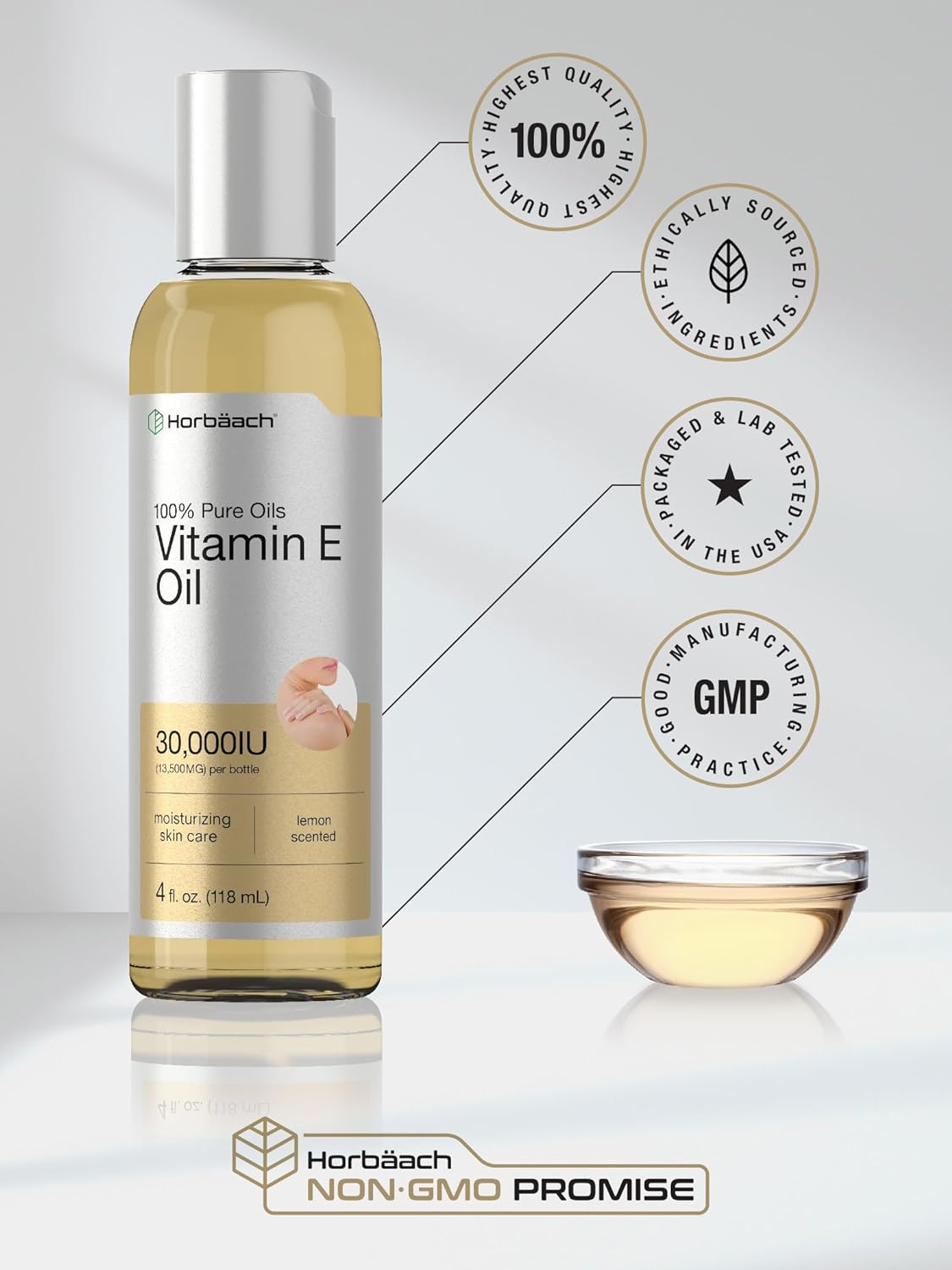 Horbäach Vitamin E Oil For Skin 30,000 IU | 4 fl oz | 100% Pure Oils | Moisturizing Oil | Non-GMO, Vegetarian | Lemon Scented : Beauty & Personal Care