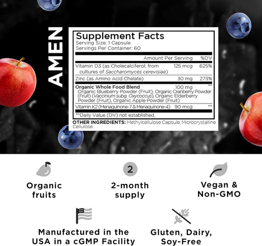 Vitamin D, K2 & Zinc, Cholecalciferol D3 5000 IU, Organic Whole Food Blend with Apple, Blueberry, Cranberry, Elderberry Powder Fruits, Vegan Supplement, D3 K2 Vitamins, Non-GMO - 60 Capsules