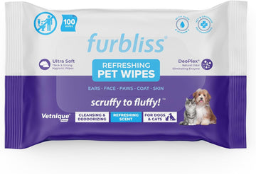 Vetnique Labs Furbliss Hygienic Pet Wipes For Dogs & Cats, Cleansing Grooming & Deodorizing Hypoallergenic Thick Wipes With All Natural Deoplex Deodorizer (Refreshing Scent, 100Ct Pouch)