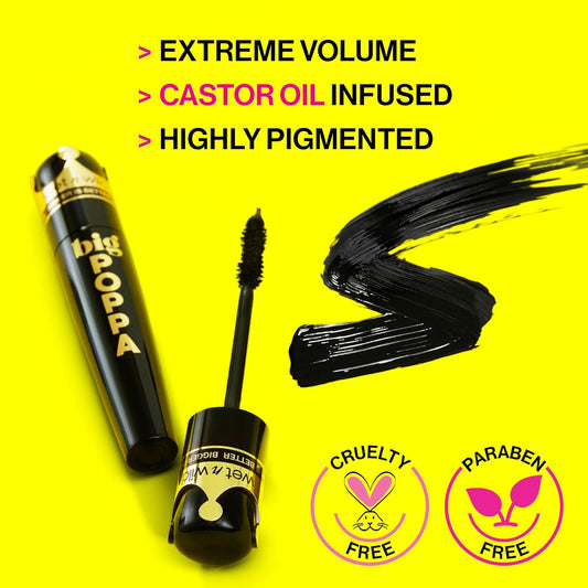 Wet N Wild Big Poppa Mascara- Volumizing, Lifting, Lengthening, Nourishing, Paraben Free, Cruelty-Free & Vegan - Blackest Black