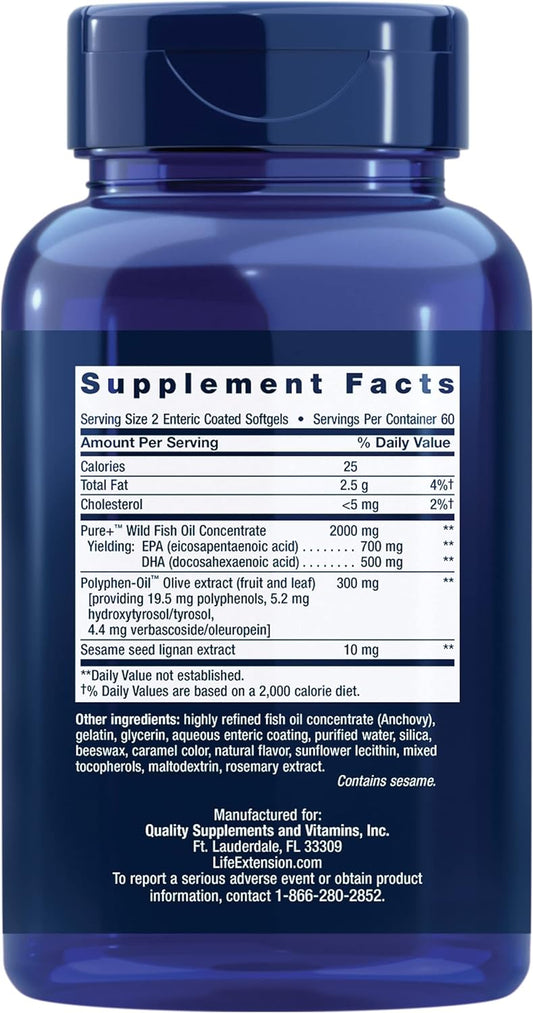 Super Omega-3 EPA/DHA Sesame Lignans & Olive Extract - Fish Oil for Heart Health, Brain Health & Beyond ? Enteric Coated ? IFOS 5-Star Rated ? Gluten-Free, Non-GMO ? 120 Enteric-Coated Softgels