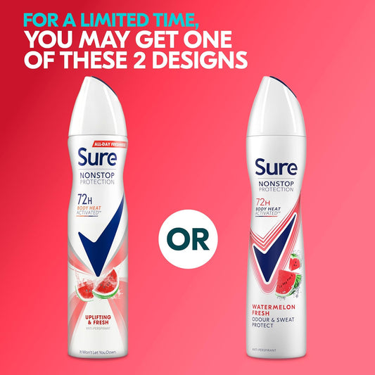 Sure Nonstop Protection Watermelon Fresh Anti-Perspirant Aerosol Women'S Deodorant Spray With Body Heat Activated Tech. And A Watermelon & Cactus Scent For 72 Hour Odour And Sweat Protection 250 Ml