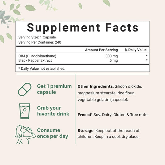 Dim Active Supplement, Dim 300Mg, 240 Veggie Capsules (8-Month Supply), 2 In 1 Formula, Estrogen Metabolism, Premium Dim-Plus Broccoli Extract Supplement With Black Pepper For Better Absorption