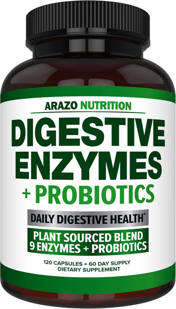 Digestive Enzymes With Probiotics - Multi Enzyme Nutritional Supplement - Acidophilus Bromelain Papaya Papain Lipase & Lactase - Improve Digestion - 120 Pills - Arazo Nutrition