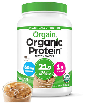 Orgain Organic Vegan Protein Powder, Iced Coffee - 21G Plant Protein, 60Mg Of Caffeine, Low Net Carb, No Lactose Ingredients, No Added Sugar, Non-Gmo, For Shakes & Smoothies, 2.03 Lb