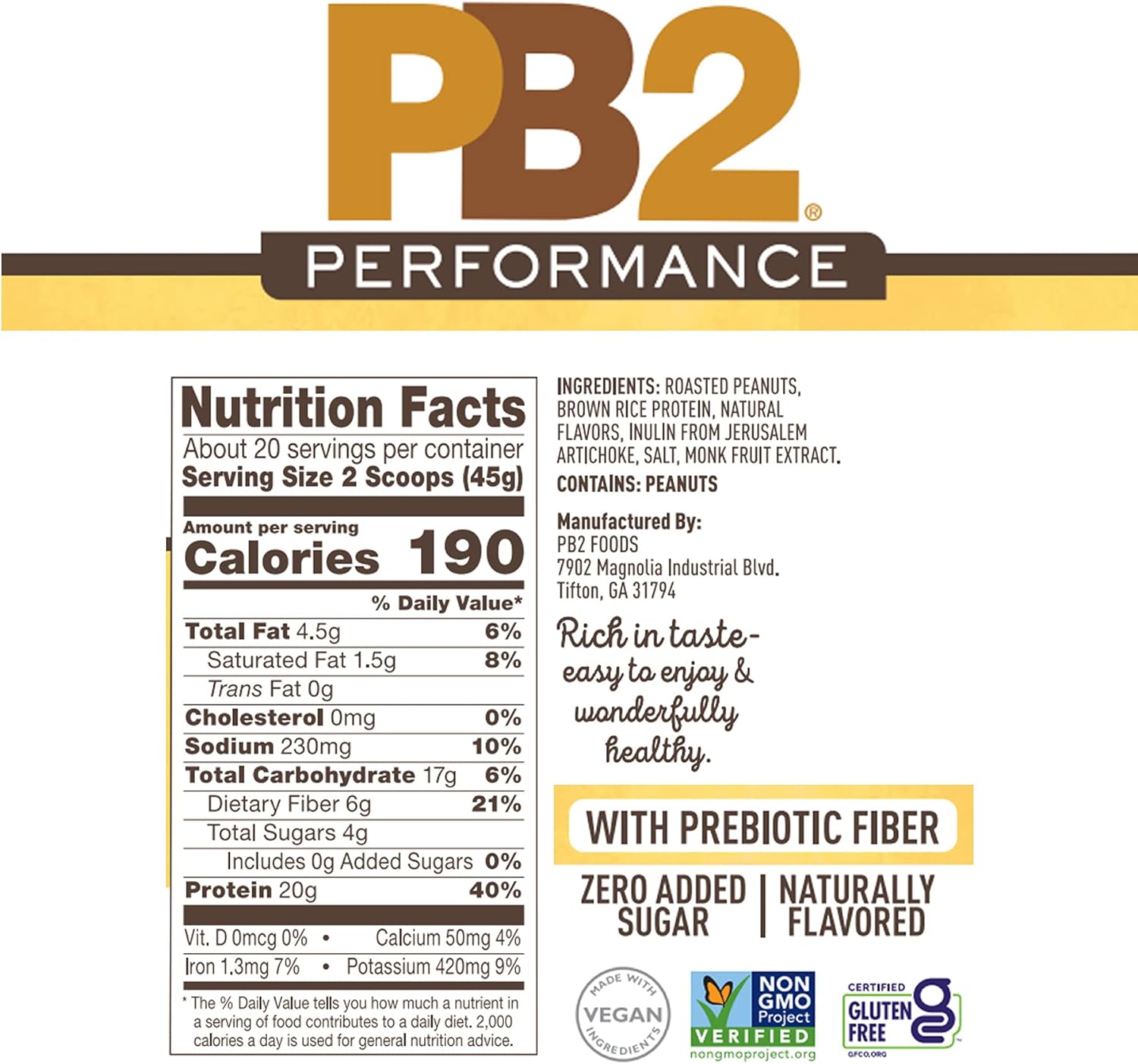PB2 Performance Peanut Protein Powder with Madagascar Vanilla – [2 lb/32 oz Jar] – 20g of Vegan Plant Based Protein Powder, Non GMO, Gluten Free, Non Dairy : Health & Household