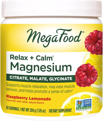 Megafood Relax + Calm Magnesium Powder - Highly Absorbable Magnesium Glycinate, Magnesium Citrate & Magnesium Malate - Without 9 Food Allergens - Raspberry Lemonade Flavor - 7.05 Oz (50 Servings)