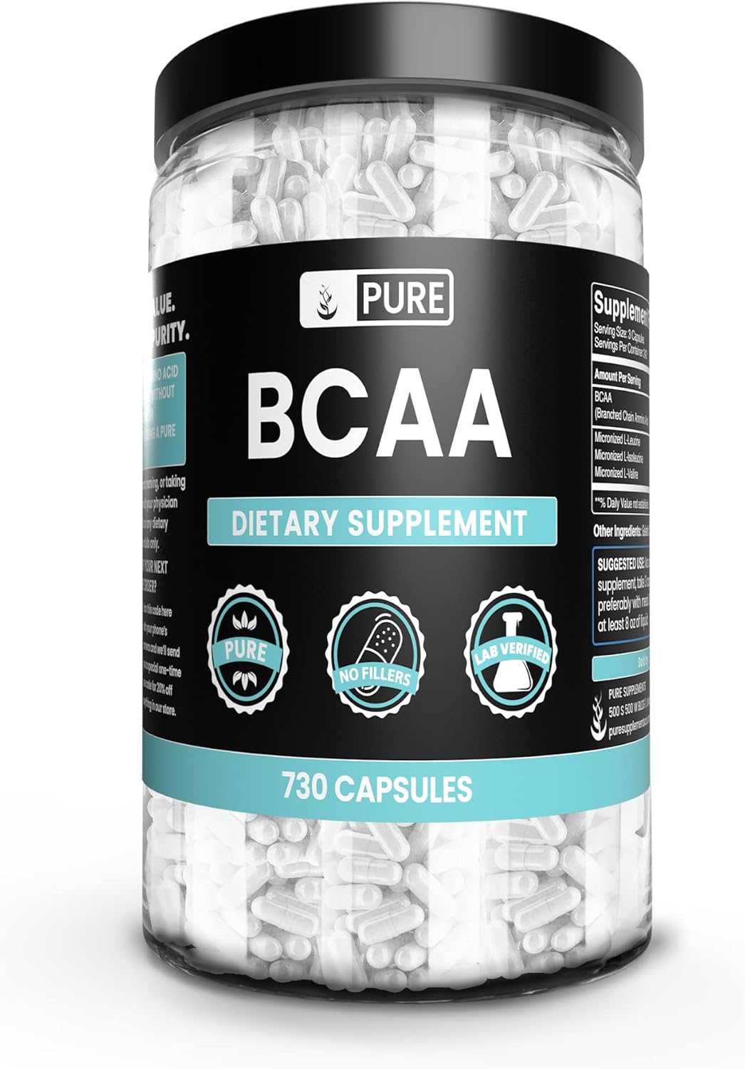 Pure Original Ingredients Bcaa (730 Capsules) No Magnesium Or Rice Fillers, Always Pure, Lab Verified