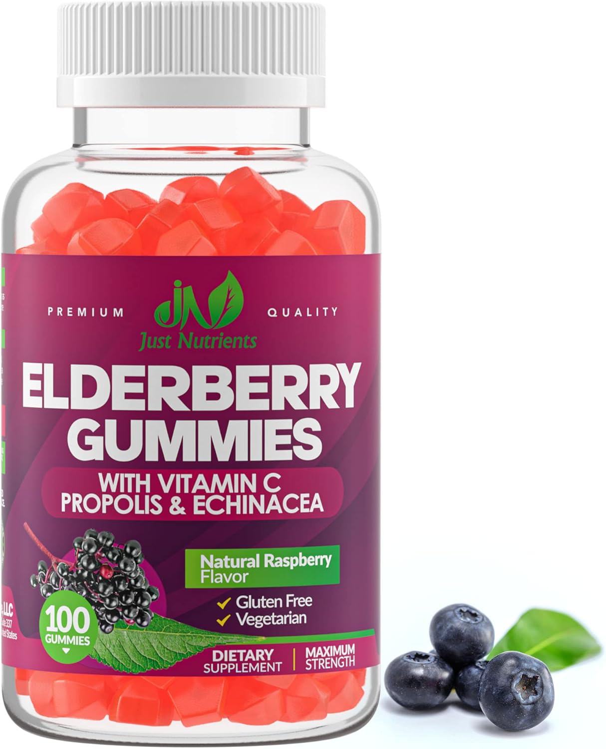 Elderberry Sambucus Gummies With Vitamin C, Echinacea, Propolis (100 Count) - Immune Support For Adults & Kids - Extra Strength, Great Tasting Raspberry Flavor - Gluten-Free, Vegan - 100 Gummies