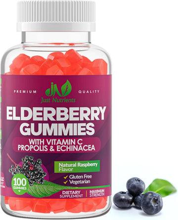 Elderberry Sambucus Gummies With Vitamin C, Echinacea, Propolis (100 Count) - Immune Support For Adults & Kids - Extra Strength, Great Tasting Raspberry Flavor - Gluten-Free, Vegan - 100 Gummies