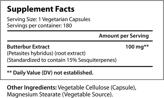 Butterbur Extract 100Mg 180 Vegetarian Capsules | Made In Usa | Natural Supplement | 100 Mg Pure Powder Pill Formula