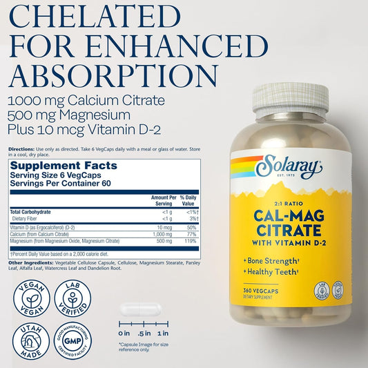 Solaray Calcium Magnesium Citrate 2:1 Ratio With Vitamin D2, Healthy Bone, Muscle & Nerve Support, 60 Serv, 360 Vegcaps