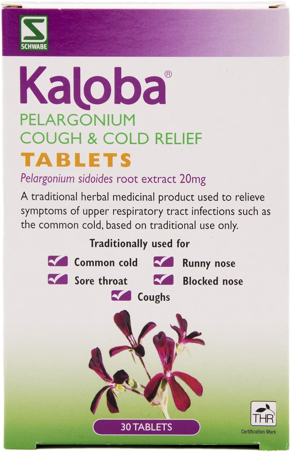 Schwabe Pharma - Kaloba Cough & Cold Relief Tablets - Pelargonium Sidoides Root Extract 20Mg - Traditionally Used For Common Cold, Runny Nose, Sore Throat, Blocked Nose, Coughs - 30 Tablets