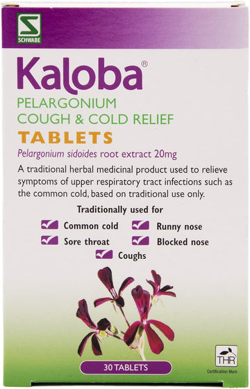 Schwabe Pharma - Kaloba Cough & Cold Relief Tablets - Pelargonium Sidoides Root Extract 20Mg - Traditionally Used For Common Cold, Runny Nose, Sore Throat, Blocked Nose, Coughs - 30 Tablets