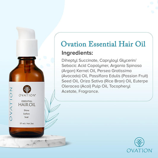 Ovation Hair Essential Hair Oil - Frizz Control Hair Oil For All Hair Types - 2 Oz - Optimum Hair Nutrition, Softness And Shine - No Silicones, Sulfates Or Parabens - With Vitamin E, Omega Fatty Acids