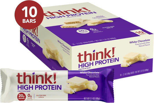 Think! Protein Bars, High Protein Snacks, Gluten Free, Kosher Friendly, White Chocolate, Nutrition Bars, 2.1 Oz Per Bar, 10 Count (Packaging May Vary)