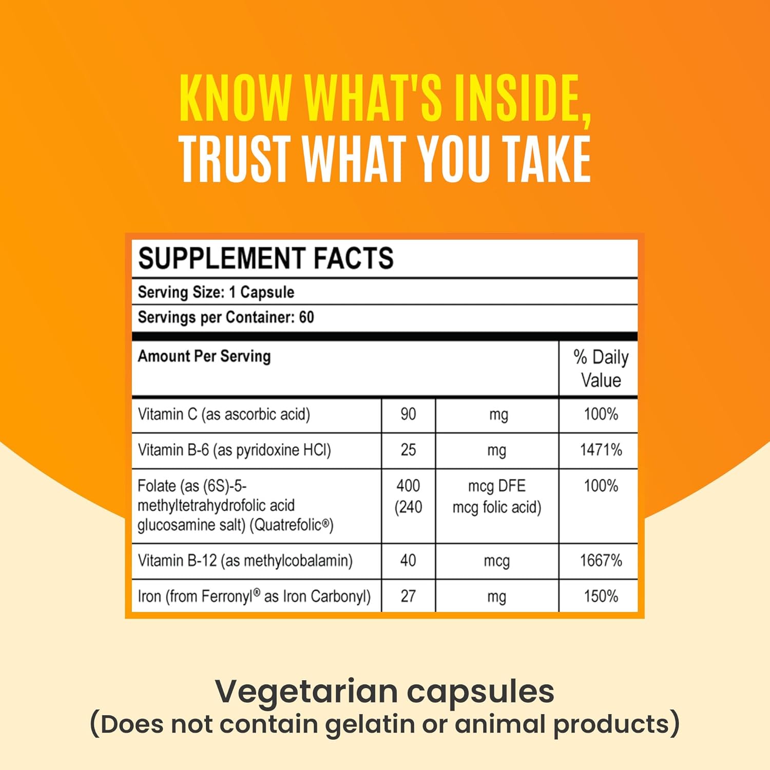 Nutritipure Iron Complex, Complete Blood Building Iron Vegetarian Capsules With Non-Constipating Carbonyl Iron, Quatrefolic, B12, B6 & Vitamin C, For Women & Men (60 Caps) : Health & Household
