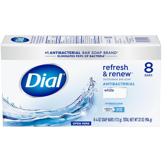 Dial Antibacterial Bar Soap, Refresh & Renew, White, 4 Oz, 8 Bars