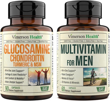 Vimerson Health Glucosamine Chondroitin Turmeric MSM + Men?s Multivitamin 2-Bottle Supplement Bundle for Him. Joint Health, Inflammatory Response, Immune Support, Antioxidant Properties