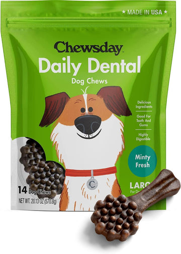 Large Minty Fresh Daily Dental Dog Chews, Made in The USA, Natural Highly-Digestible Oral Health Treats for Healthy Gums and Teeth - 14 Count