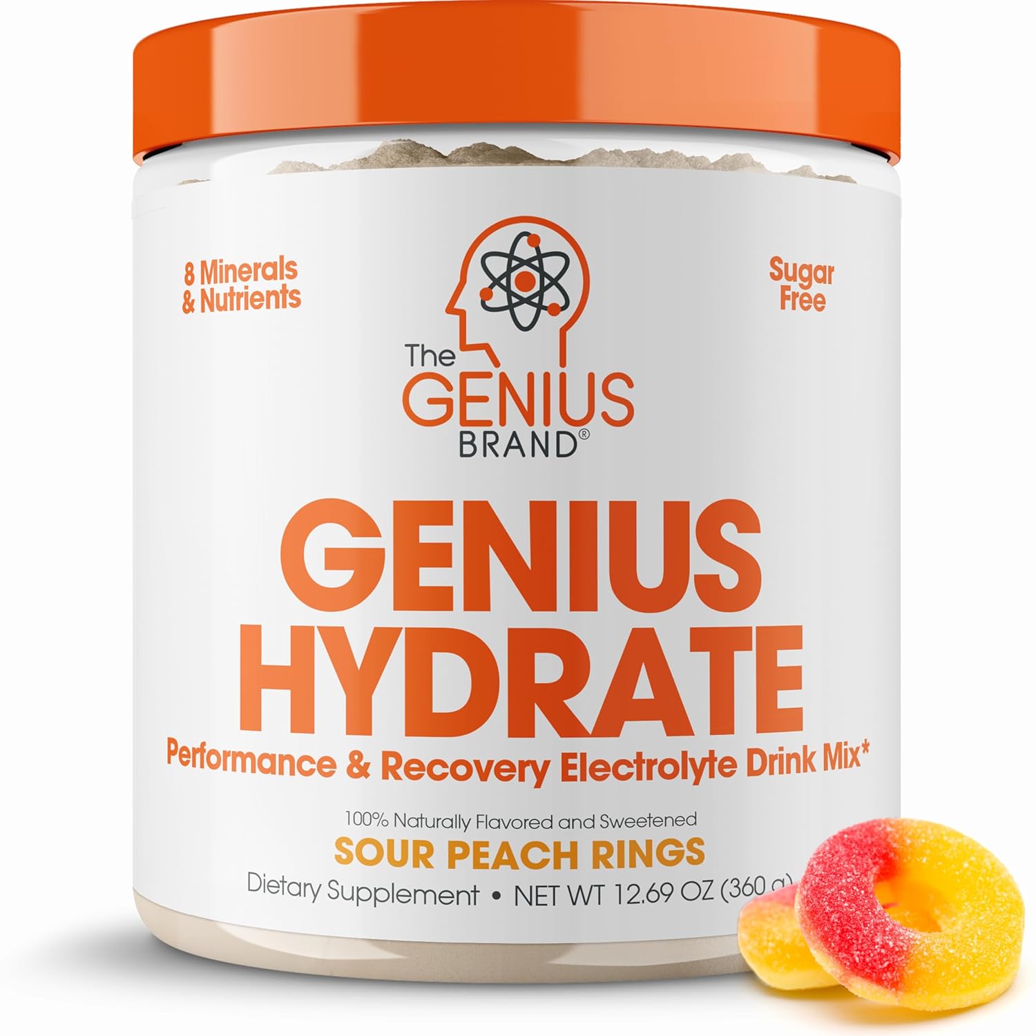 Genius Hydrate Powder Drink Mix Sour Peach Rings 50 Servings Natural Electrolyte Hydration Booster Endurance Supplement With Coconut Water Potassium Magnesium Zinc Sugar Free No Artificial Sweeteners