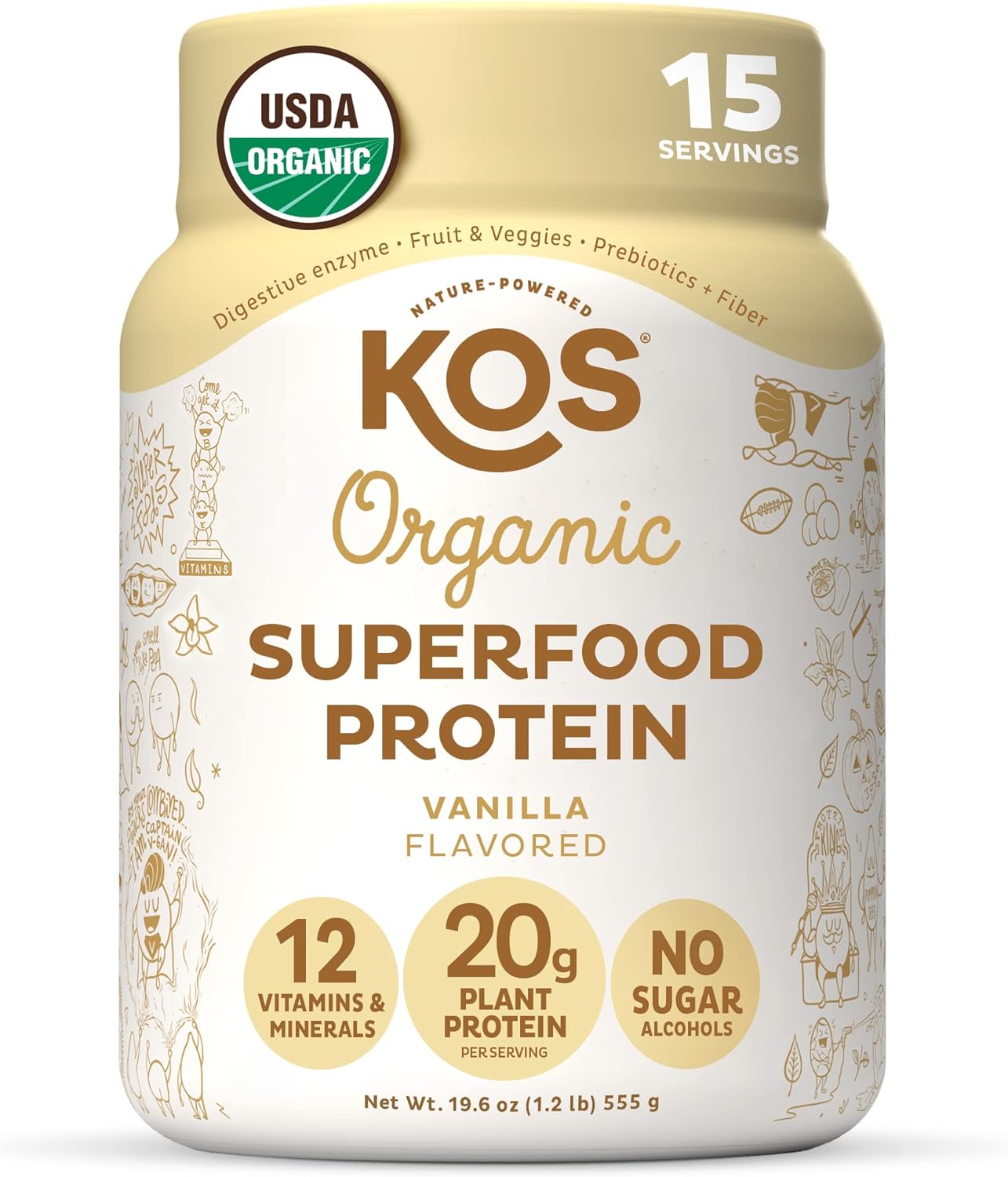 KOS Vegan Protein Powder Erythritol Free, Vanilla - USDA Organic Pea Protein Blend, Plant Based Superfood Rich in Vitamins & Minerals - Keto, Dairy Free - Meal Replacement for Women & Men, 15 Servings