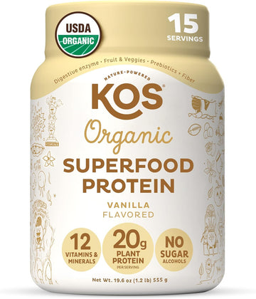 Kos Vegan Protein Powder Erythritol Free, Vanilla - Usda Organic Pea Protein Blend, Plant Based Superfood Rich In Vitamins & Minerals - Keto, Dairy Free - Meal Replacement For Women & Men, 15 Servings