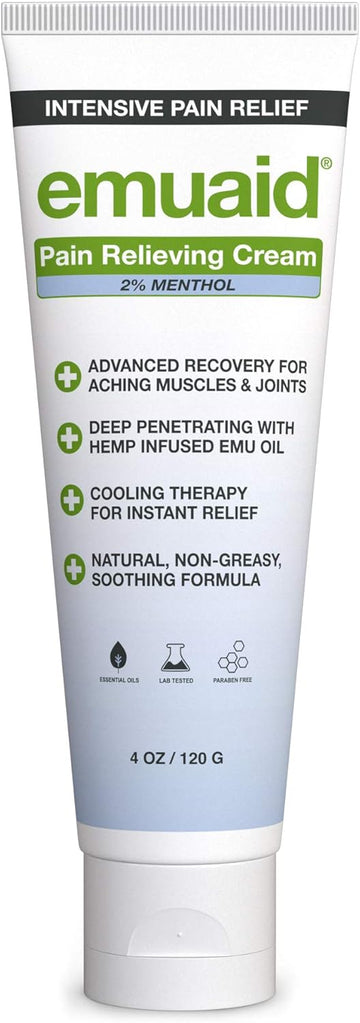 Emuaid Intensive Pain Relief Cream, Topical Relief Cream For Shoulder, Neck, Lower Back, Hip, Knee, Leg, And Feet Discomfort, Eases Sciatica, Tendon Sensitivity, And Physical Discomfort, 4Oz