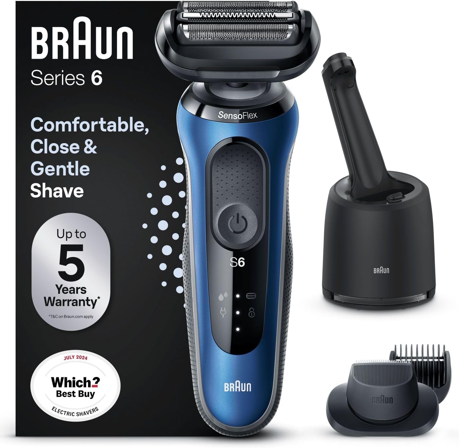 Braun Series 6 Electric Shaver For Men, Wet & Dry Razor With 4In1 Smartcare Center, Beard Trimmer & Body Groomer Attachments, 100% Waterproof, 60Min Runtime, Made In Germany, Model 62-S7650Cc, Silver